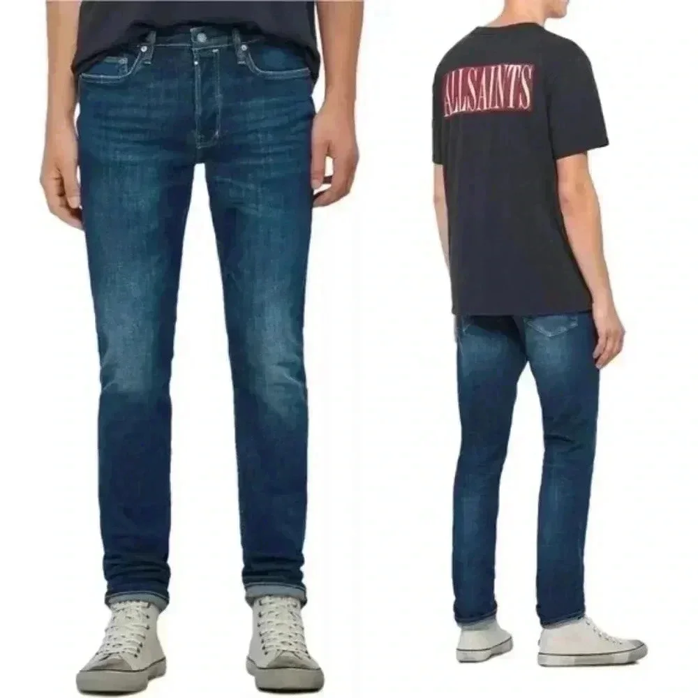 Allsaints Rex Slim Fit Stretch Straight Leg Jeans Mens 28 Blue Button Fly